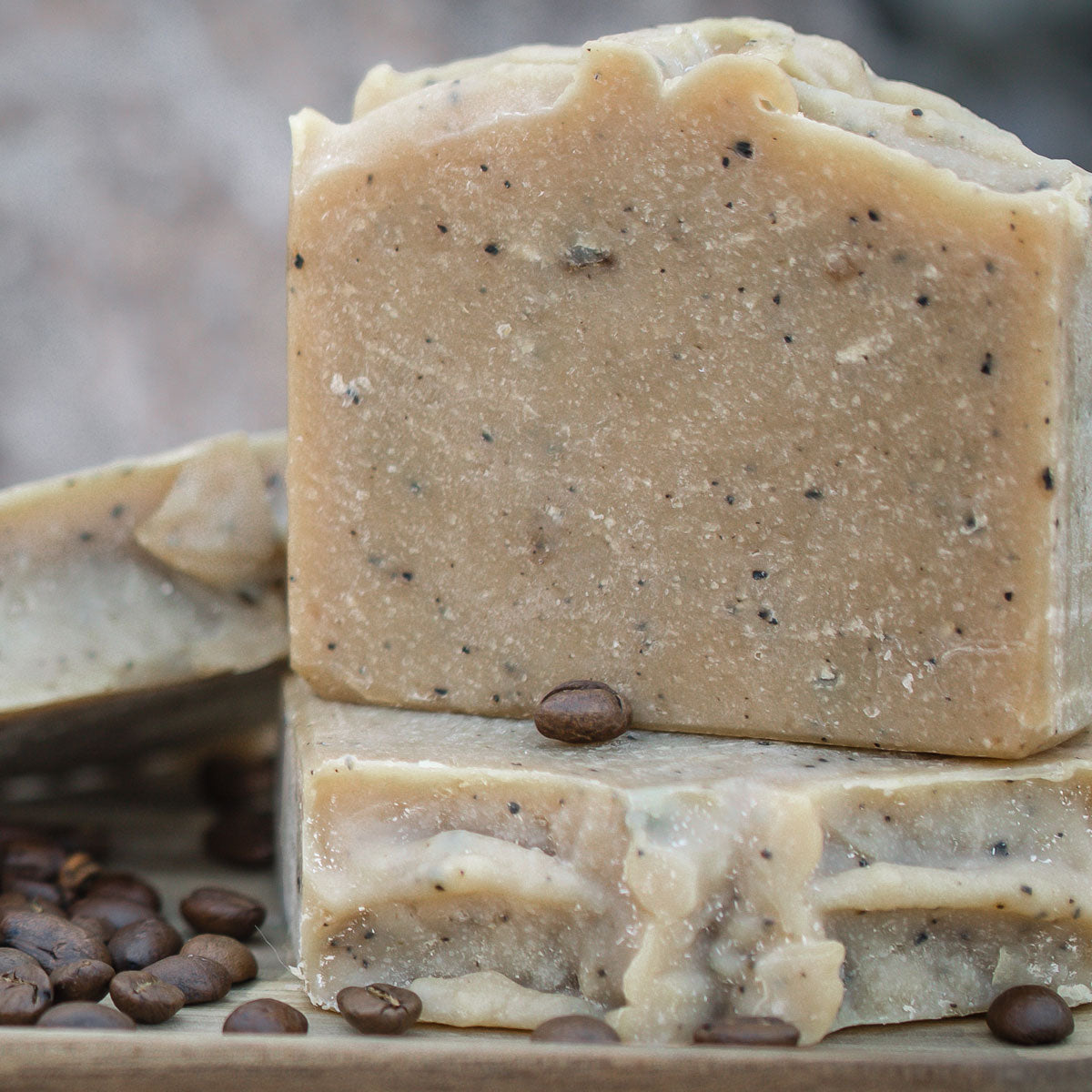 All natural, handmade bar soap scented with coffee and coffee grounds