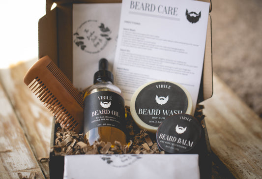Handmade beard care kit with beard wash, balm and oil. Complete with a beard comb and instructions