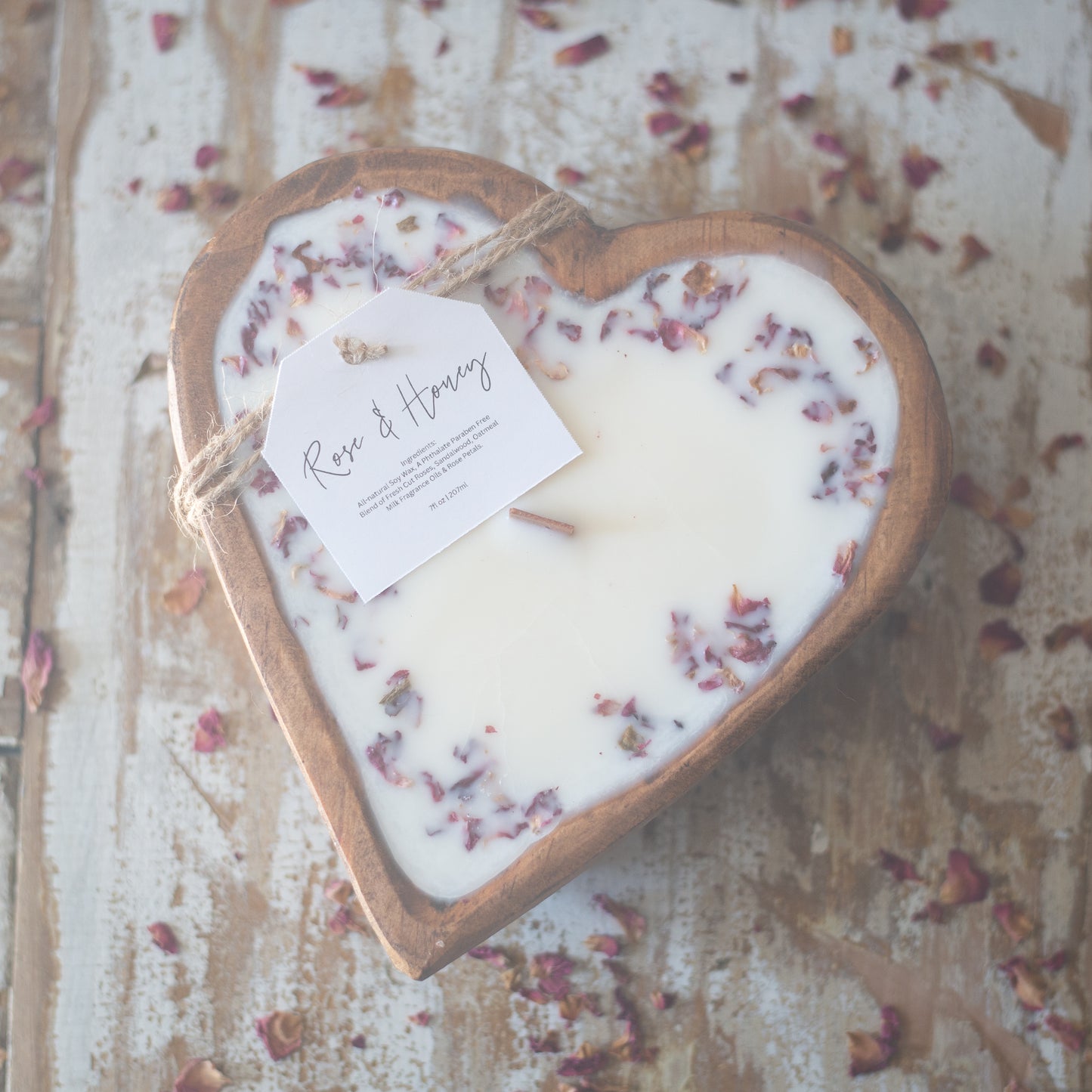 Rose & Honey Heart Shaped Wooden Dough Bowl Candle