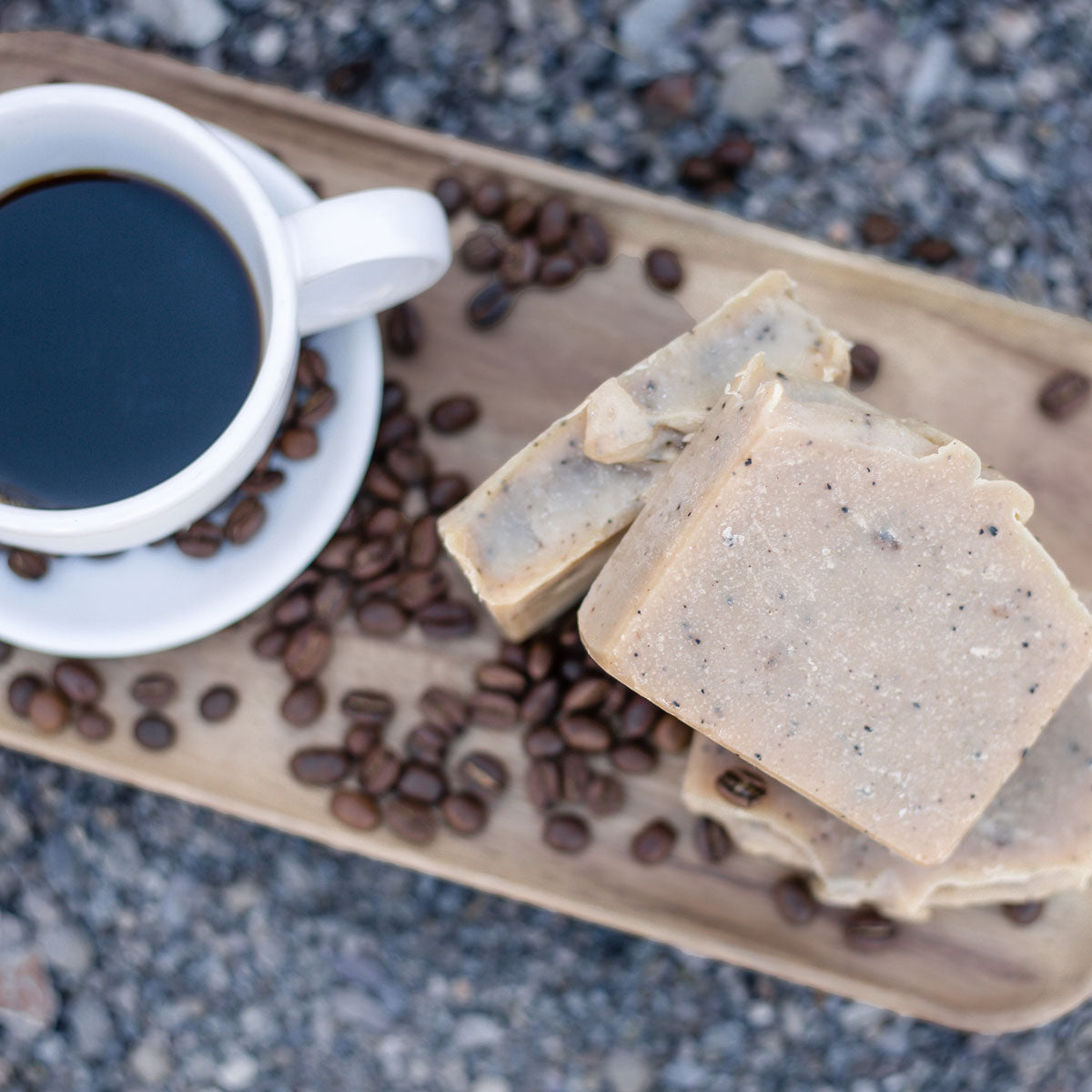 All natural, handmade bar soap scented with coffee and coffee grounds. Top View